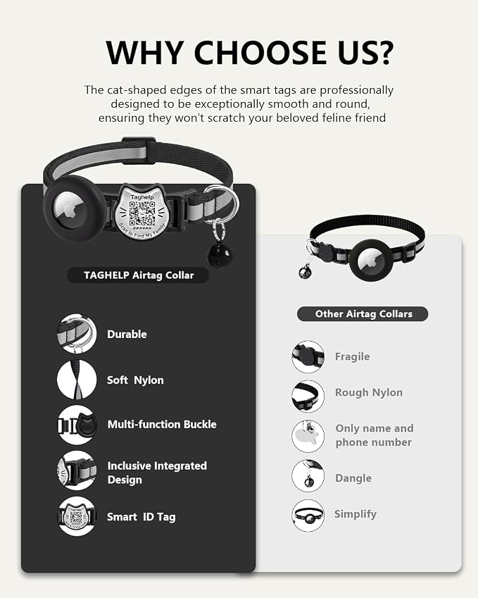 Cat Collar with AirTag Holder, QR Code Tag and Bell (Red, Reflective Strip)