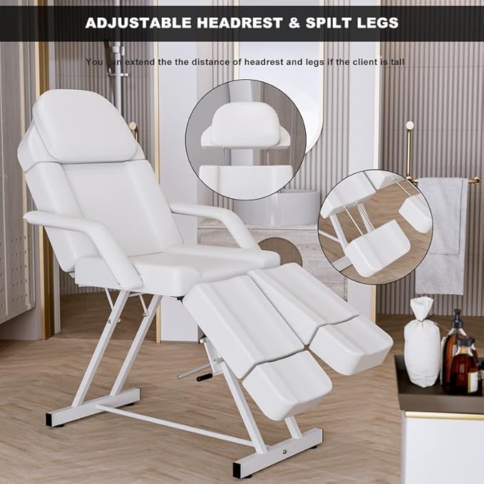 SyyBhb Multi-Purpose Massage Table Tattoo Bed Chair with Storage Pocket for Esthetician, Split Legs, Adjustable Length & Angle, 3 Section, White