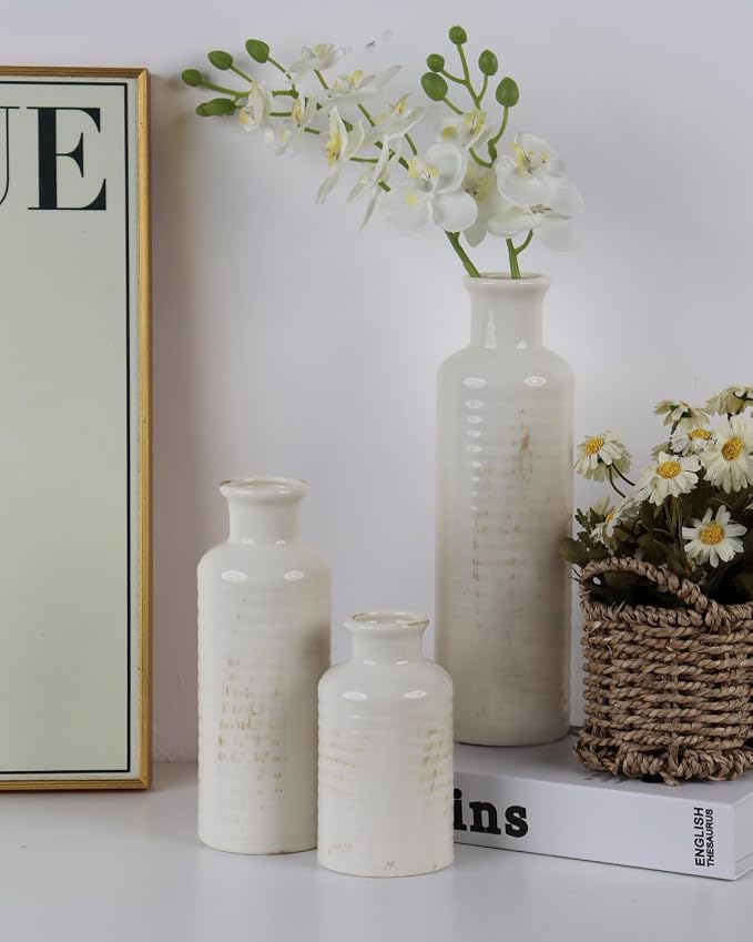 White Ribbed Ceramic Vase Set of 3, Clay Bottle Vases for Home Decor | Crackle glaze finish for rustic farmhouse tables, shelves, mantels and centerpieces