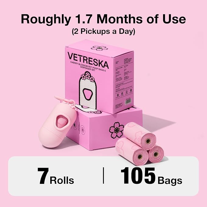 VETRESKA Dog Poop Bag Dispenser with 105 Cherry Blossom Scented Bags | Leak Proof and Extra Thick Pet Waste Bags, 1 Poop Bag Holder and 7 Rolls for Dog Walking and Cats Litter