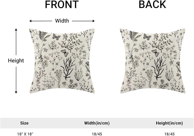 AEIOAE Spring Pillow Covers 18x18 Inch Set of 2,Black Gray Wild Flower Plant Throw Pillows Case,Seasonal Floral Outdoor Decorative Square Linen Farmhouse Decor Cushion Covers for Home Sofa Bed Couch