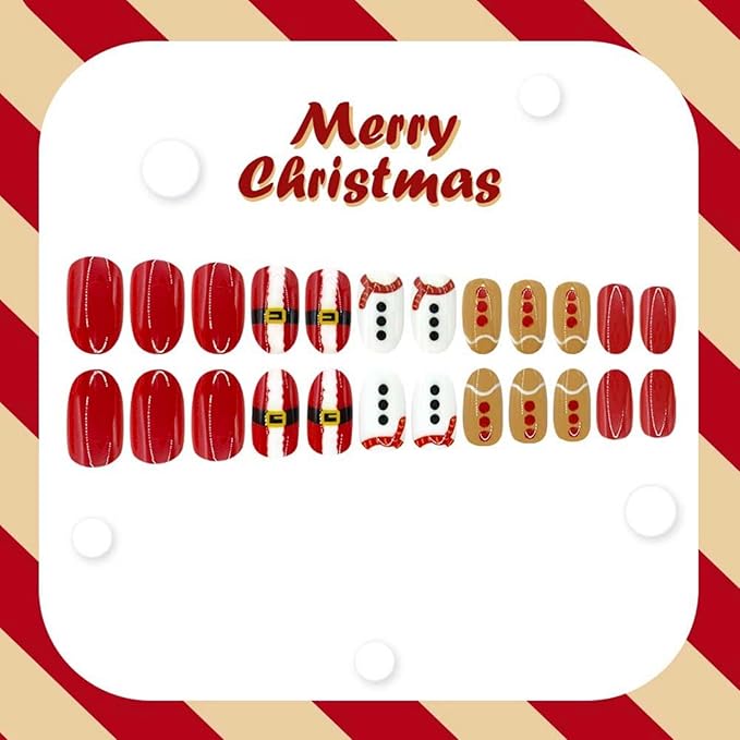 Christmas Press on Nails Red White Fake Nails with Button Design Santa Claus Glue on Nail Artificial Acrylic Glossy Full Cover Xmas Short Almond Stick on Nail for Women Girls Manicure 24Pcs