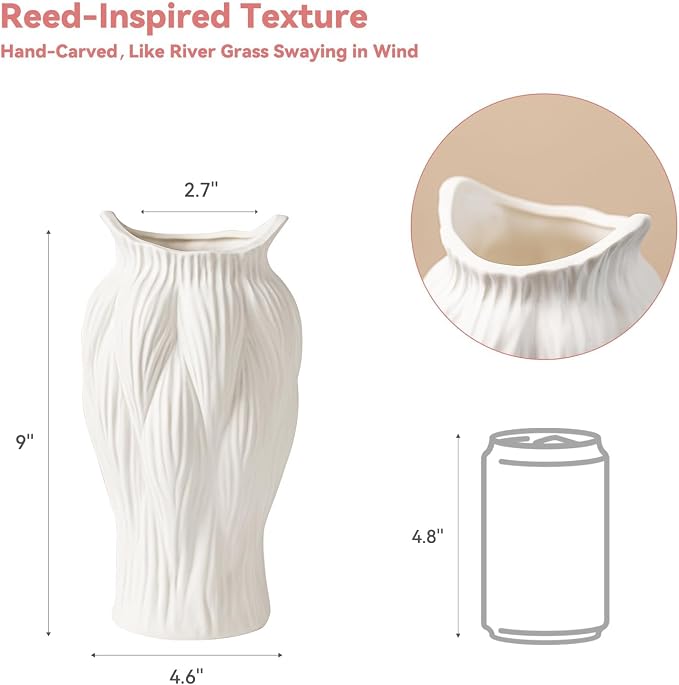 White Ceramic Vase with Reed-Inspired Texture - 9" Unique Flower Vase for Pampas Grass & Centerpieces, Decorative Boho/Farmhouse Vase for Living Room,Office Desk & Housewarming Gift (for Her/Yourself)