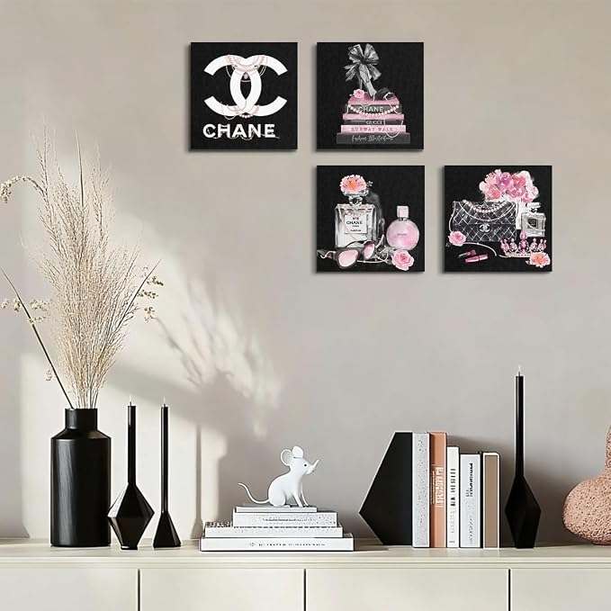 Framed 4 Pcs Pink Fashion Canvas Wall Art Black and White Wall Decor | Aesthetic Posters Art Prints Artwork Pink Pictures for Women Teen Girls Room Bedroom Apartment Vogue Office Decor 8x8 inches
