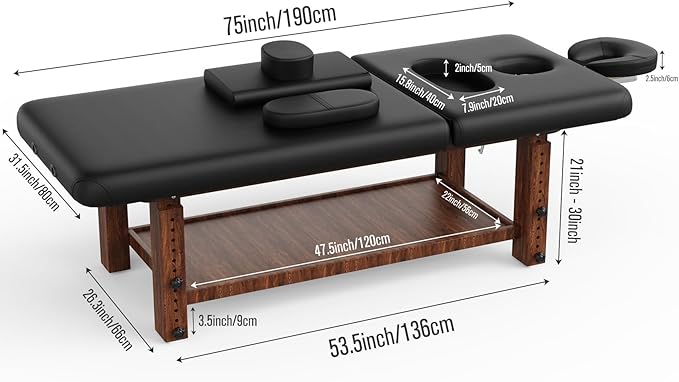 Stationary Massage Table with Adjustable Height Legs and Backrest for Treatment, Physical Therapy, Spa Facial Professional Massage Bed, Black PU Leather - 700LBS Load, Heavy Duty Wood Frame