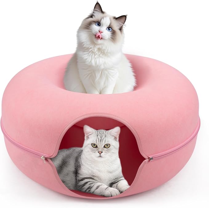 Cat Caves for Indoor Cats, Large Cat Tunnel for Multiple & Large Cats, Scratch Detachable Cave Bed, Kitten Donut Kitty Hideaway Up to 45 Lbs (Pink, Large, 1 Pack)