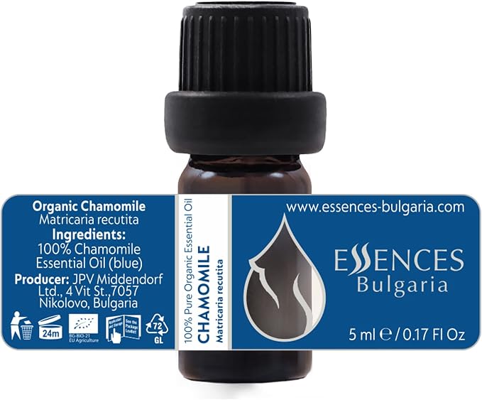 Essences Bulgaria Organic Chamomile Essential Oil - Blue 1/6 Fl Oz | 5ml | Matricaria recutita | 100% Pure and Natural | Undiluted | Therapeutic Grade | Family Owned Farm | Steam-Distilled | Non-GMO