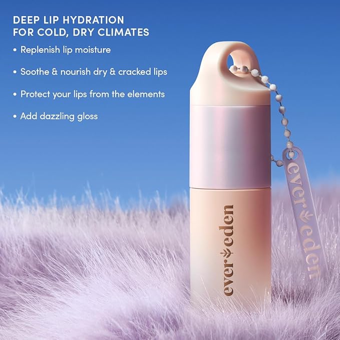 Evereden Super Rich Hydrating Lip Oil: Clean & Vegan, Nourishing, Soothing, & Glossy Lip Glow Oil for Cold & Dry Weather - With Chaga Mushroom & Ceramides
