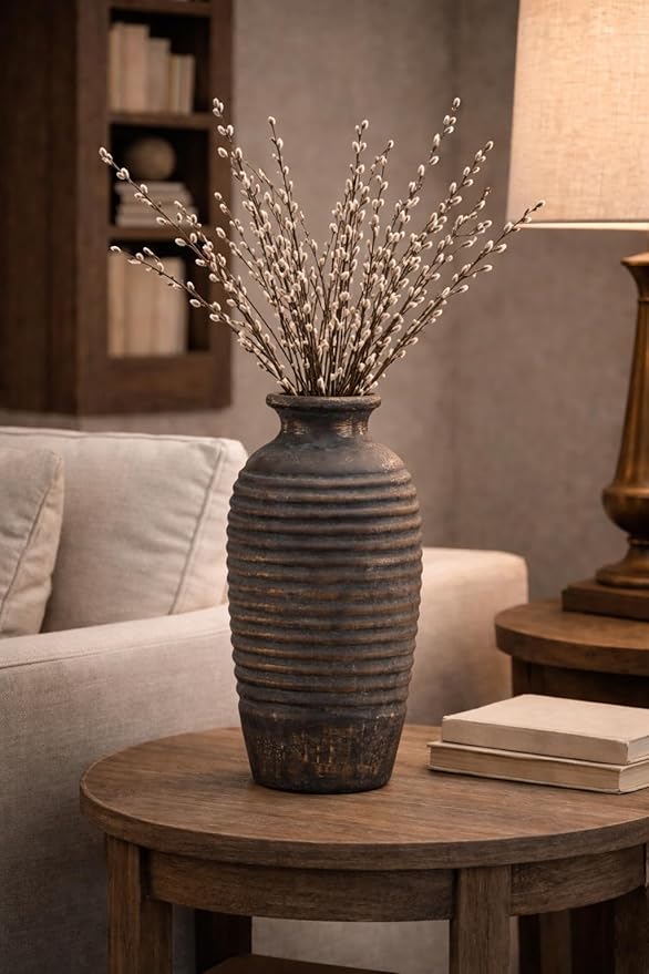 Emotionally Grounded Vase, Vaseking Large Ceramic Rustic Vase, 14.4 inch Minimalist Threaded Decorative Farmhouse Tall Vases for Home Decor, Living Room, Enterway, Table Decoration, Bronze