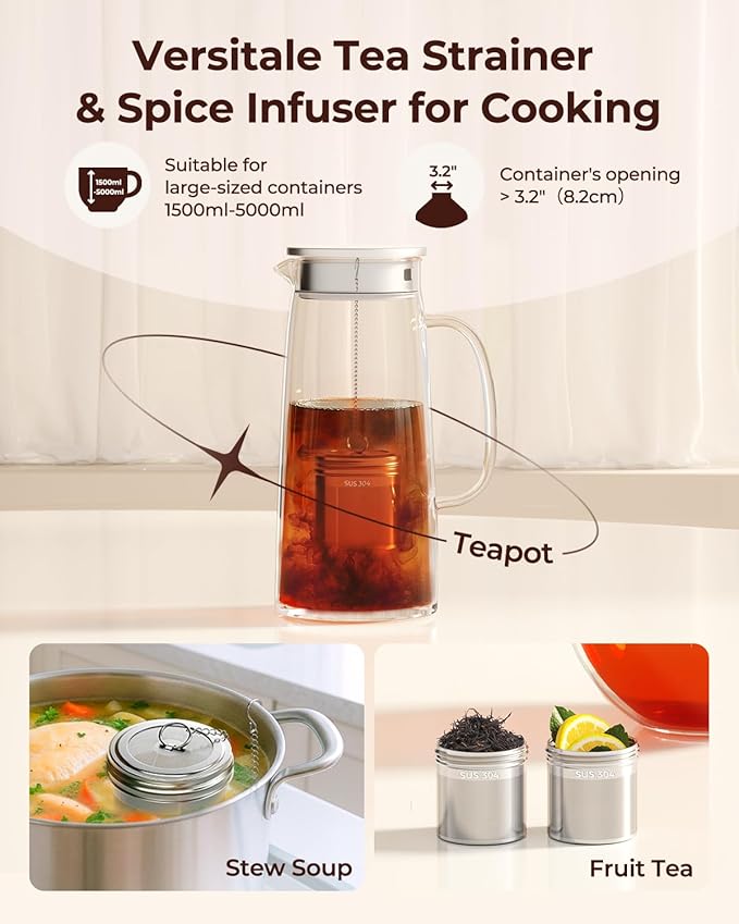 Reinmoson 2 Pack Large Tea Ball Infuser for Loose Leaf Tea & Spice Ball for Cooking Soup, 304 Stainless Steel, Threaded Lid, Chain Hook, Extra Fine Mesh Tea Strainer Ball for Herb, Iced Tea