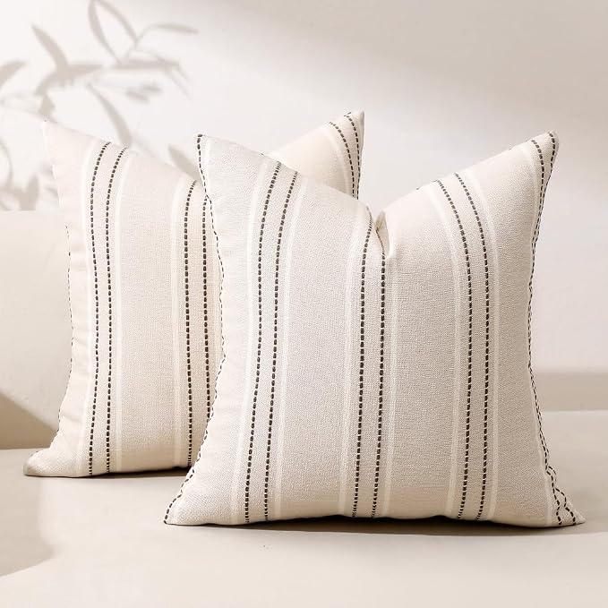 Hckot Striped Throw Pillow Covers 18x18 Set of 2 Charcoal Pillow Covers | Farmhouse Decorative Pillows Textured Linen Square Cushion Covers for Sofa Couch Bed Living Room Decor