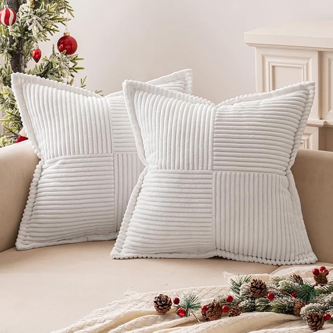 MIULEE Decorative Throw Pillow Covers for Couch 20x20 Inch White 2 Pack | Boho Broadside Striped Patchwork Pillow Covers, Soft Corduroy Cushion Cases, For Sofa Bed Livingroom Home Decor