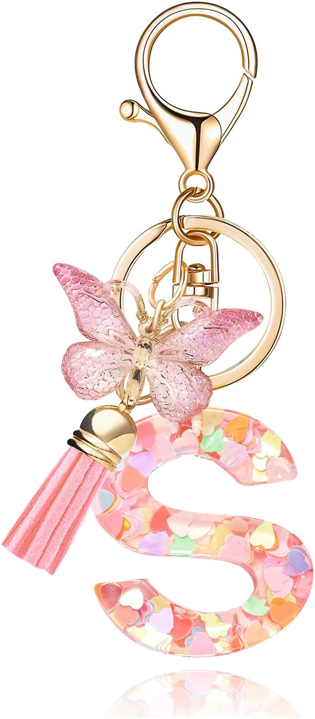 Fashion Alphabet Initial Letter Keychain Tassel Butterfly Pendant Key Ring for Purse Handbags Women Girl
