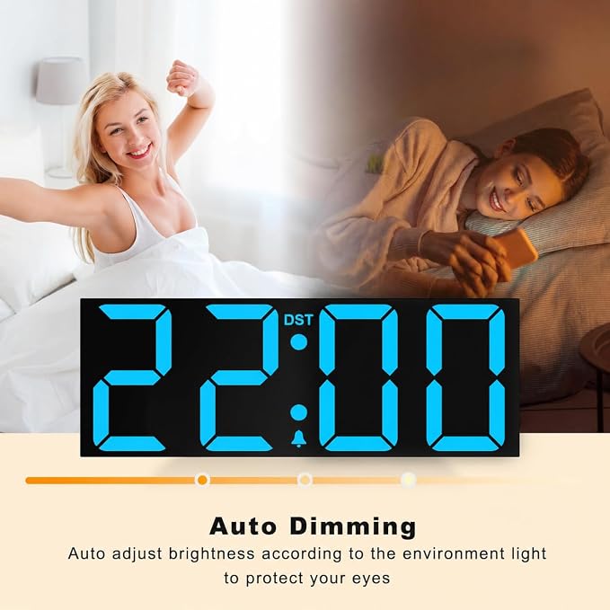 JALL 22" Large Digital Wall Clock, Big LED Display with Night Light, Auto Dimming & DST, Giant Alarm Clock for Seniors, Elderly Parents, Gift for Mom Dad (Blue)