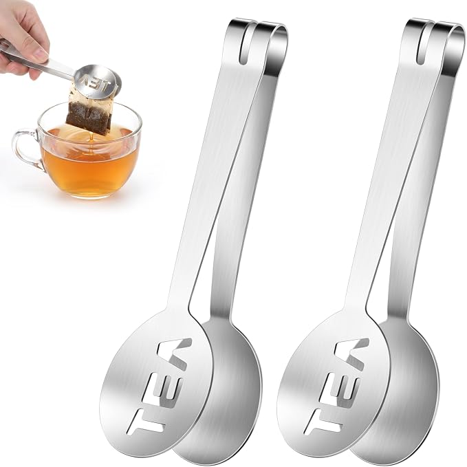 Tea Bag Squeezer, 2 Pcs Stainless Steel Tea Tongs, Teabag Filter, Tea Spoon Tea Bag Strainer Tea Tongs Clip on Strainer Tea Accessories for Loosing Leaf, Gripping Ice Cube, Sugar
