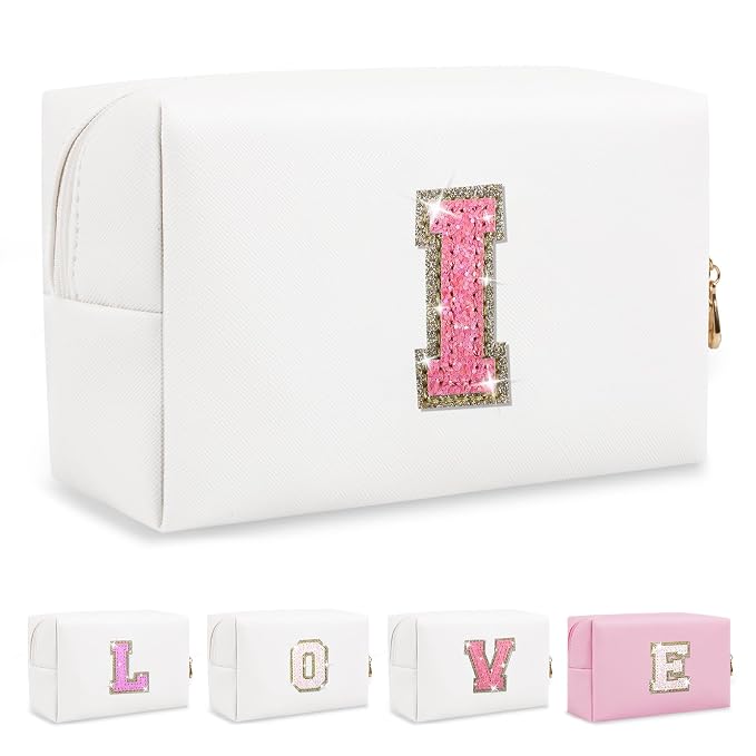 Small Initial Patch Makeup Bag Personalized Gifts Make Up Bag,White Cute PU Leather Glitter Letter Cosmetic Bag with Zipper,Trendy Portable Travel Toiletry Pouch,Preppy Stuff for Teen Girls Women I