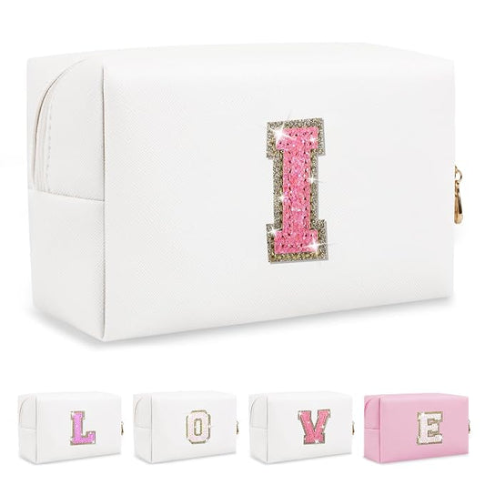Small Initial Patch Makeup Bag Personalized Gifts Make Up Bag,White Cute PU Leather Glitter Letter Cosmetic Bag with Zipper,Trendy Portable Travel Toiletry Pouch,Preppy Stuff for Teen Girls Women I