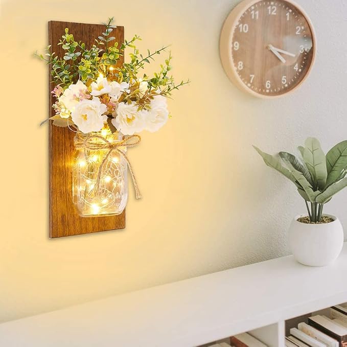 Rustic Wall Sconces Mason Jar Sconces Handmade Wall Art Hanging Design with Remote Control LED Fairy Lights and White Peony, Wall Decor Gift Farmhouse Wall Home Decor Living Room Lights Set of Two