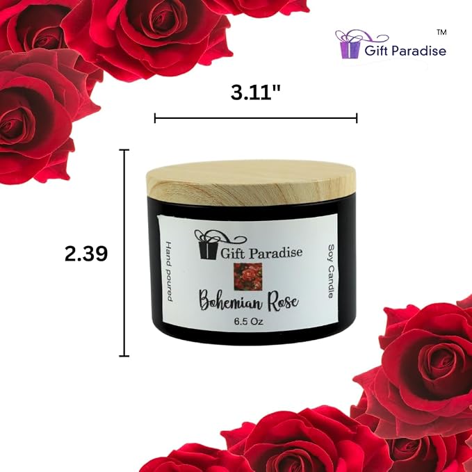 Bohemian Rose Soy Wax Candle in Black Metal Tin, 6.5 oz, Cotton Wick, Rose Garden, Floral Scented Candle