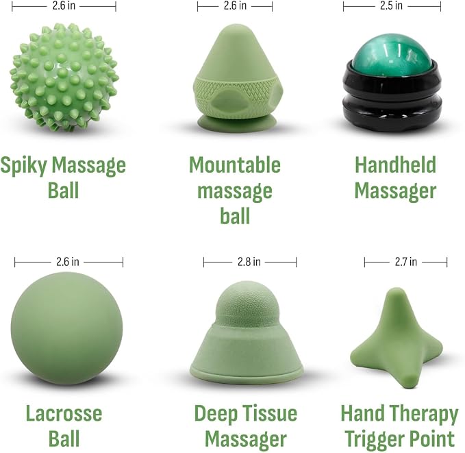 Physical Therapy Pain Relief Massage Ball Set for Trigger Point Release - Myofascial Release Tool & Deep Tissue Massage Set of 6 Pieces - Lacrosse, Spiky, Hand Roller & Mountable Self Massage Ball