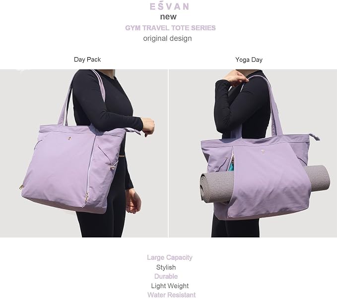 ESVAN Yoga Tote Bag for Women Shoulder Bags Drawstring for Office Workout Travel Carryall Pilates Gym and Beach