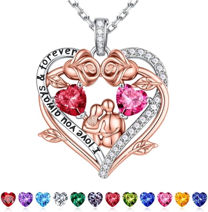 Iefil Valentines Gifts for Her Wife - 925 Sterling Silver Double Heart Birthstone Necklace, Anniversary Birthday Gifts for Women Wife Girlfriend