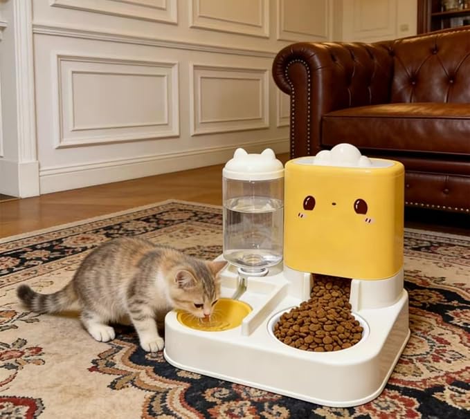 Pet Automatic Feeder Cat Dog Feeding Bowl Food Water Dispenser with Refillable Storage Container Large Capacity Rabbit Feeder Watering Bowls (Yellow)