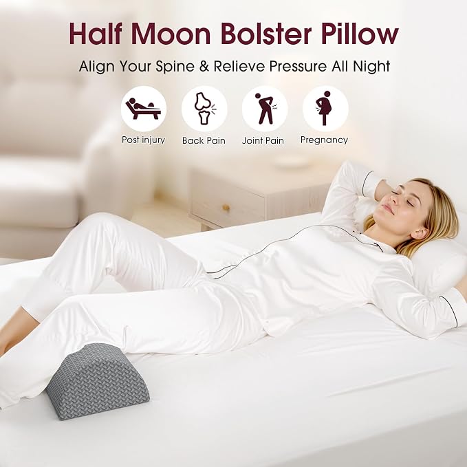 TranquilRelax Knee Pillow for Back Sleeping Memory Foam Half Moon Bolster Pillow for Legs, Under Knee Support, Ankle & Foot Comfort Orthopedic Pillow for Side Sleepers (Grey, 20.4" x 8" x 4.9")