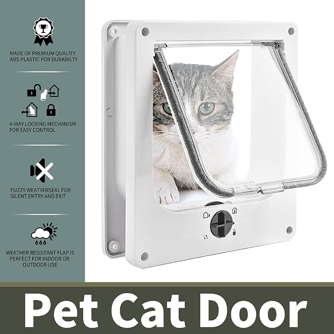 EASY JOY Cat Doors(Outer Size 8.6" x 7.5"), 4-Way Locking Cat Door for Interior Exterior Doors, Weatherproof pet Door with Magnet for Cat or Dog < 16.1 inches in Girth(White M) | Easy Install Pet Door For Cats & Doggie, Silent Manual Pet Flap For Wall/...