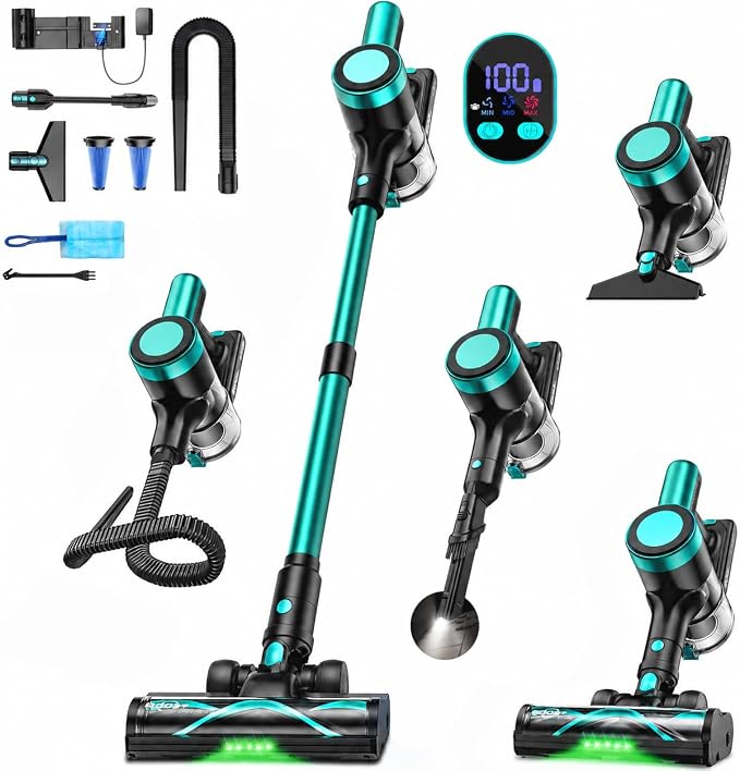 Cordless Vacuum Cleaner, 58KPa/60Mins 10 in 1 Self-Standing Stick Vacuum | 29-inch Hose and LED Lighting Brush, Anti-Tangle Brush &3 Suction Modes, Quiet Vacuum Cleaner for Home, Pet Hair/Carpet/Floor