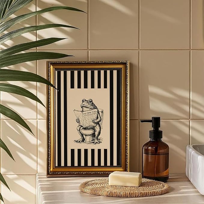 Funny Bathroom Wall Decor Art Vintage Whimsical Frog Gold Framed Wall Art | Black Beige Striped Picture Canvas Art Humour Animal Small Framed Prints Artwork For Vanity Shelf Restroom Toilet Powder Room