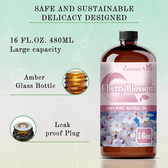 Cherry Blossom Essential Oil Cherry Blossom Oil for Aroma Diffuser,Humidifier,Home Fragrance,Cleaning,Body Care,Massage,Yoga,DIY Candle,DIY Soap CosmicVeil（Cherry Blossom，16 Fl Oz (Pack of 1)）