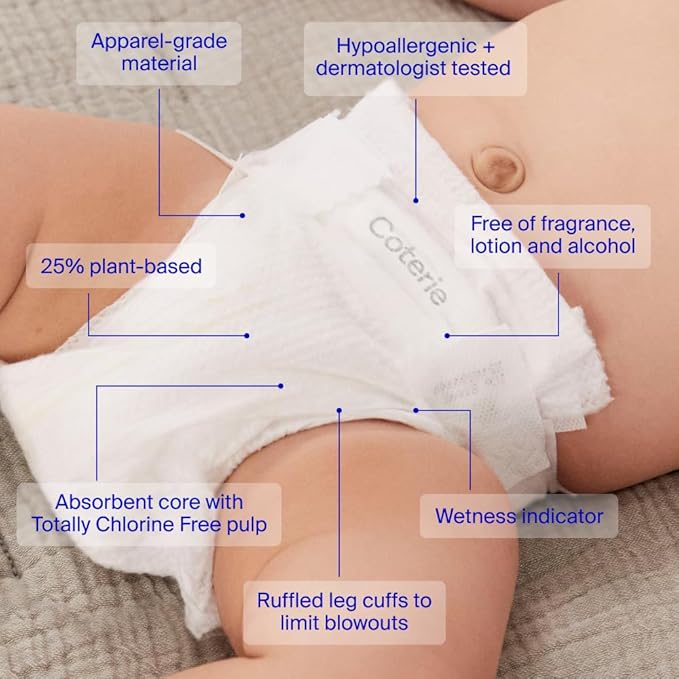 Coterie Baby Wipes + Diapers Kit, Size 1 Diapers (198 Count) & 12 Pack (672 Count) Baby Wipes with 99% Water, Plant Based Materials, Hypoallergenic for Sensitive Skin