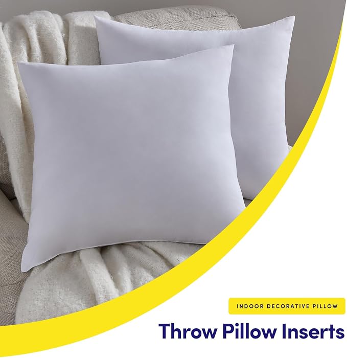 16X16 Pillow Inserts - Throw Pillow Set - Cushion Inserts for Decorative Throw Pillows Covers - Soft & Supportive Pillows for Couch, Sofa, Bed, or Chair, 2 Pack - 16" x 16"