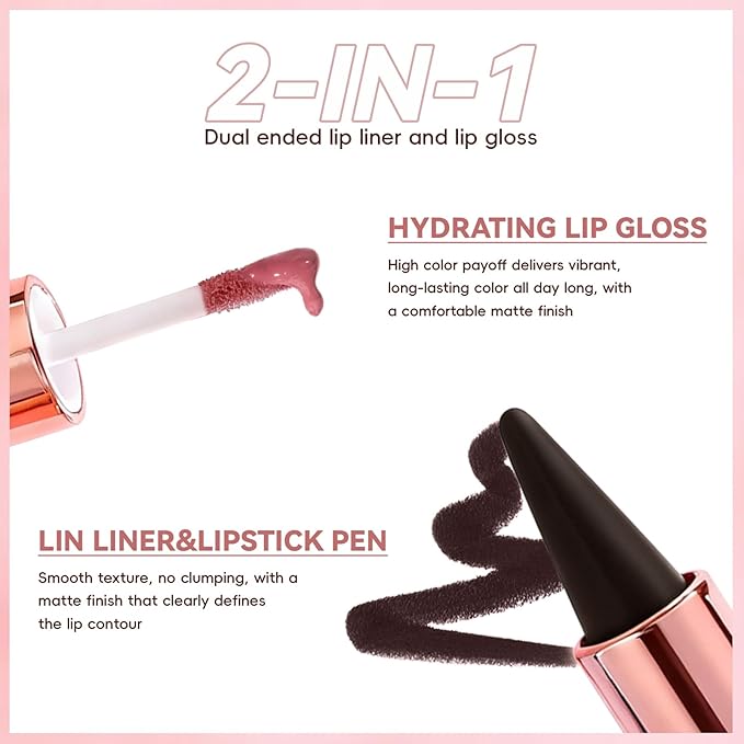 Lip Liner Gloss Lip Combo Set, 2 in 1 Lip Duo Dark Brown Lip Liner Lipstick Matte Velvet Natural Nude Pink Tinted Gloss Lip Kit, Smooth Quick Fuller Lip Makeup for Women07#Matte Mulberry