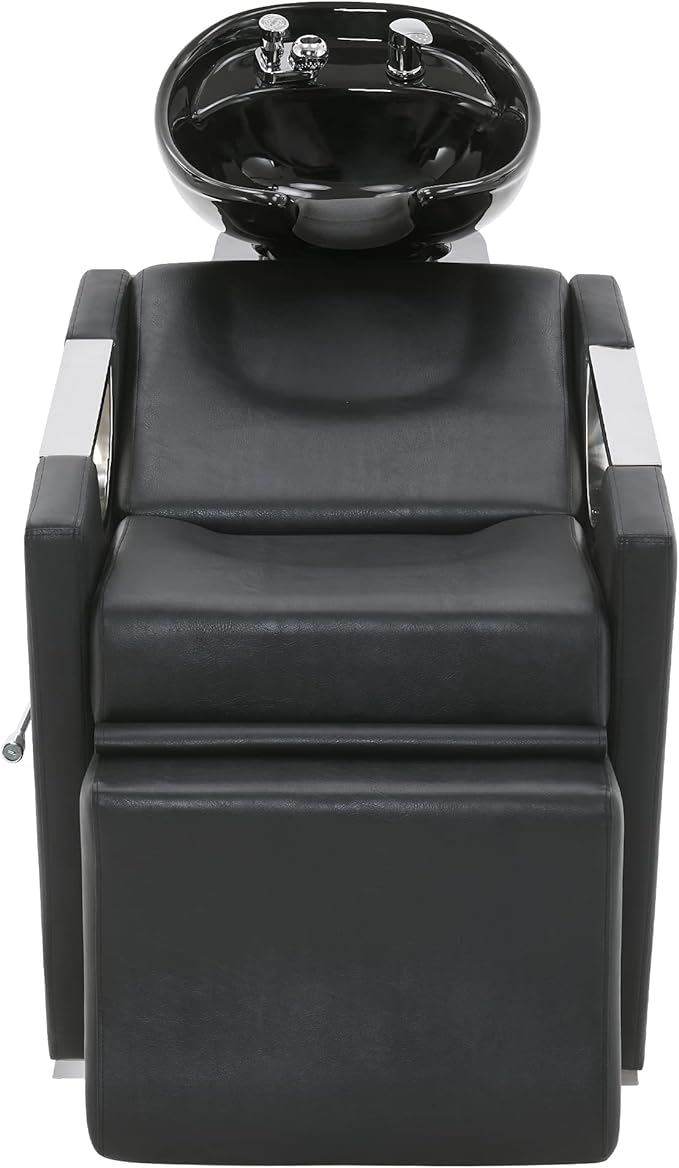 BarberPub Ceramic Bowl Shampoo Chair Extended Ceramic Shampoo Bowl Sink Chair Station for Spa Beauty Salon Professional Hair Salon Equipment 9073 (Black)