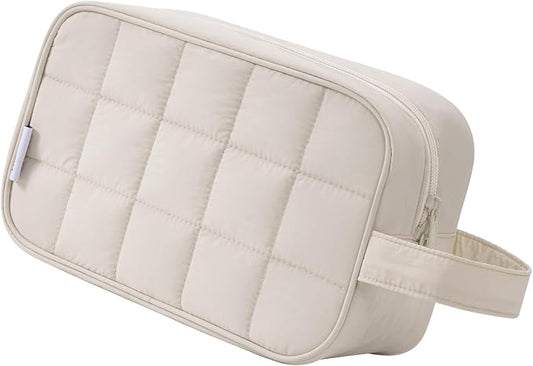 Narwey Quilted Makeup Bag Puffy Make up Bag Cosmetic Bag Organizer, Puffer Travel Toiletry Bag for Traveling Women Girl, Travel Bag for Toiletries, Skincare Medicine Bags (Beige)