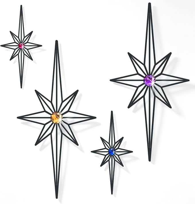 sxnzequnze 4 Pcs Star Wall Art for Home Decor Living Room Bedroom Office Metal 3D,Bling,with Hanging Hook Starburst Midcentury Sculpture Retro Gallery Accent Celestial -Black 16.5in/9.4in