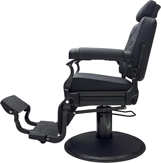 MYS Modern Barber Chair, The Founder, Heavy Duty Barber Chair Model 8817, Reclining to 135°, Stainless Leather, Aluminum Frame, 360° Rotation, 700 lbs Weight Capacity, 27-inch Base