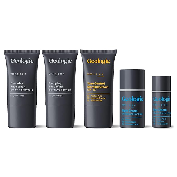 Geologie Sensitive Skincare Set for Men & Women | 1-Month Gentle & Effective Daily Skin Routine | Acne, Oily Skin, Dark Spots | Face Wash 2-Pack, Retinol Face Cream, SPF15 Moisturizer & Eye Cream