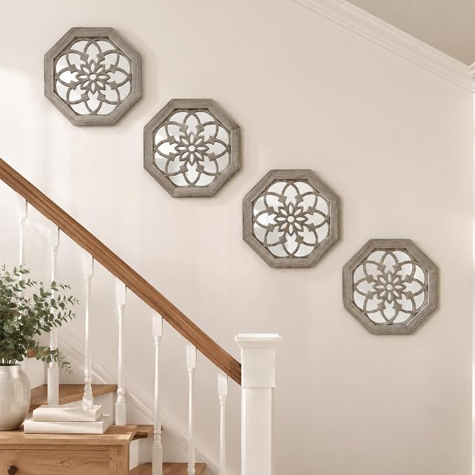 4 Pack 12 Inch Octagon Brown Rustic Wood Frame Acrylic Wall Mirrors, Farmhouse Boho Wall Art Decor for Living Room, Bedroom, Hallway, Entryway, Bathroom & Office