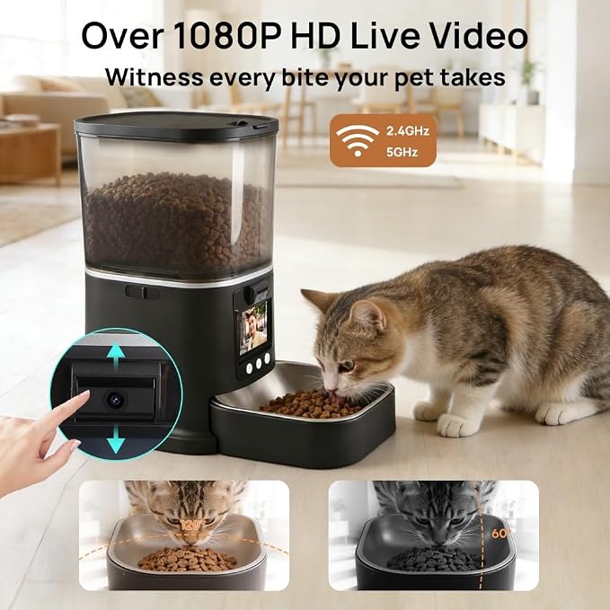 Automatic Cat Feeder with Camera Two-Way Video/Autio 5G WiFi, 5L | 3MP HD, Custom Voice, APP Control Automatic Dog Feeder with Night Vision, Cat Food Dispenser, Automatic Feeder Cat Dry Food