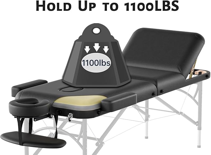Professional Massage Table Portable 3 Fold Premium Memory Foam Aluminium Leg Hold Up to 1100LBS 8 Heights Adjustable with Carrying Bag Black