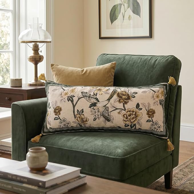 Vintage Linen Rectangle Throw Pillow Cover,Set of 2,28"x12"-Murad A | Designer French Decor Pillow Cover,Concealed Zipper Design,Floral and Bird Pattern,Sofa,Bedroom,Living Room,Lounge Chairs