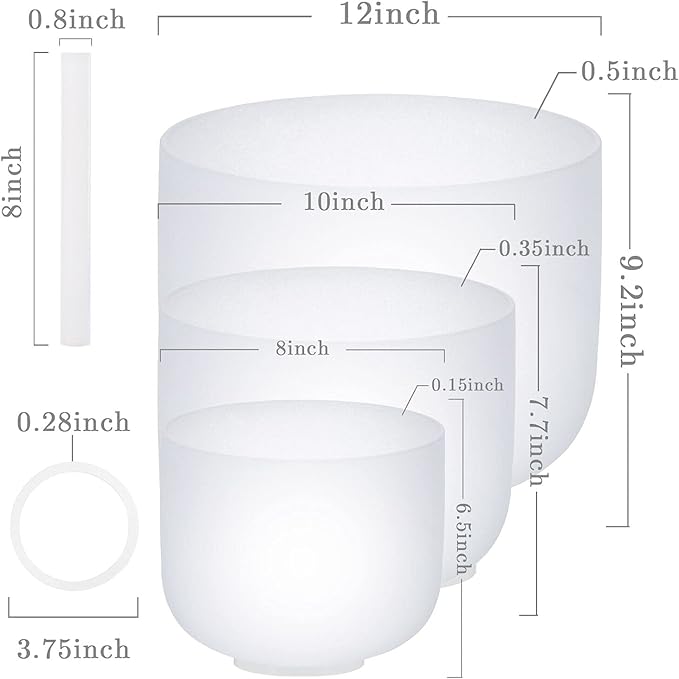 SOLSHINE 3PCS 8inch 10inch 12inch Crystal Singing Bowl Set 432Hz,Ｃ F B Chakra Tuned with Sounds Bowl Mallet Suede Strikers and O-rings, Carry Bag for Meditation, Yoga, Spiritual, Body Healing