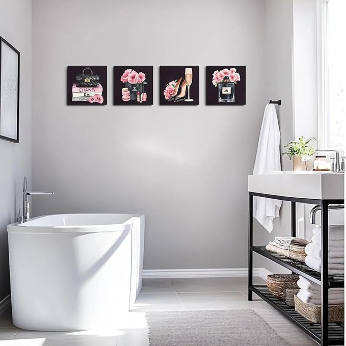 4 Pcs Fashion Canvas Wall Art, Framed Pink and Black Wall Decor 8 x 8 Inch | Aesthetic Posters Art Prints Artwork Pink Pictures for Women Teen Girls Room Bedroom Apartment Vogue Room Decor