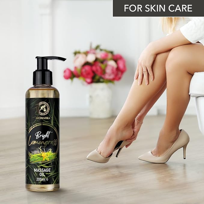 Massage Oil Lemongrass 6.8.Fl Oz / 200ml - Almond - Grape Seed - Wheat Germ - Lemongrass - Body Care Oil for All Skin Types - Naturkosmetik - Massage Oil with a Wonderful Fragrance