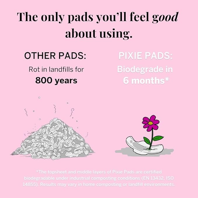 Pixie Organic Cotton Ultra Thin Postpartum Pads for Women - Extra Heavy Absorbency with Wings - Leak-Proof, Hypoallergenic & Unscented for Feminine Care - Compostable, Biodegradable - 12 Count