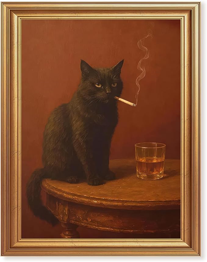 ICHZUMW Gold Framed Funny Black Cat Whiskey Vintage Canvas Wall Art 8x10 In | Funny Cat Smoking Cigarette Picture, Quirky Animal Bar Wall decor, Bathroom Man Cave Bedroom, Fade Resistant, Ready to Hang