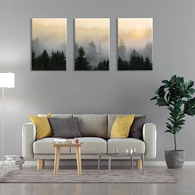 Bwodke Misty Forest Mountain Canvas Wall Art Set of 3, 12x16 inch | Nature Landscape Wall Decor, Misty Forest Mountain Prints, Living Room Bedroom Office Art